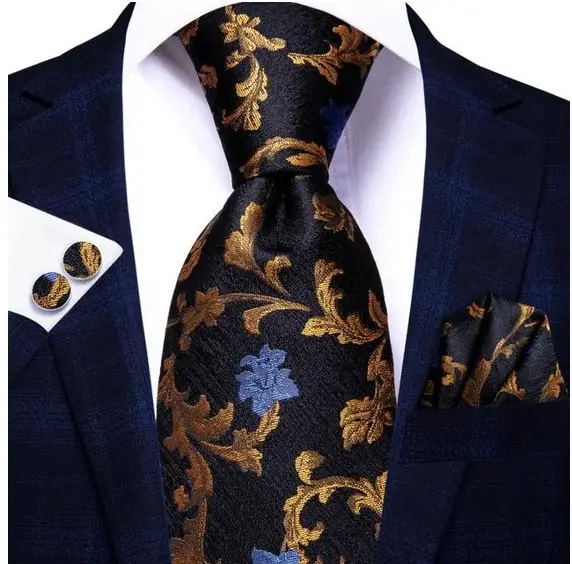 Set cravata neagra cu auriu + batista + butoni - matase - model 505