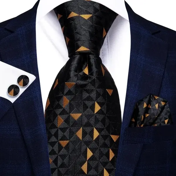Set cravata neagra cu auriu + batista + butoni - matase -- model 795
