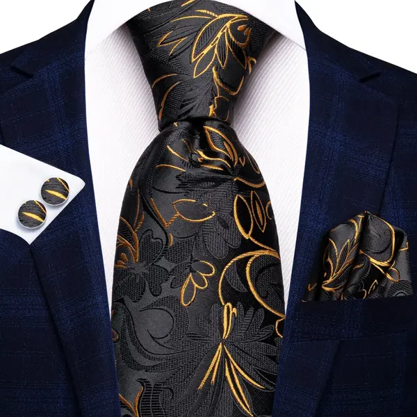 Set cravata neagra cu auriu + batista + butoni - matase -- model 804