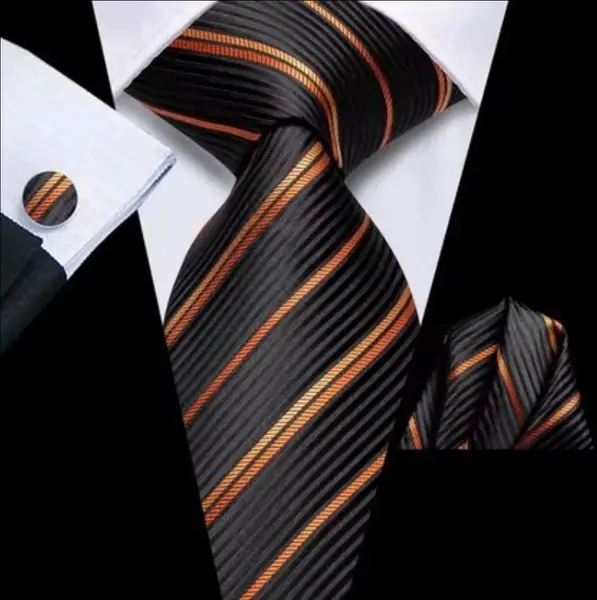 Set cravata neagra cu auriu + batista + butoni - matase -- model 853