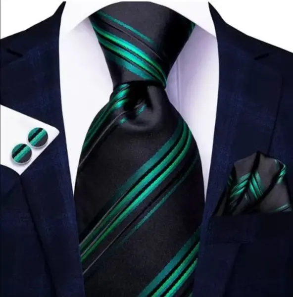 Set cravata negru cu verde + batista + butoni - matase -- model 834