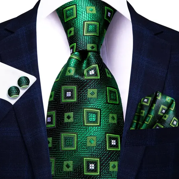 Set cravata verde + batista + butoni - matase - model 305