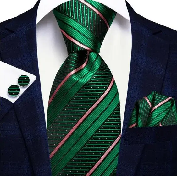 Set cravata verde + batista + butoni - matase - model 502
