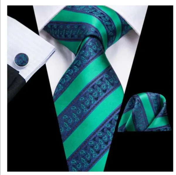 Set cravata verde cu albastru + batista + butoni - matase - model 50