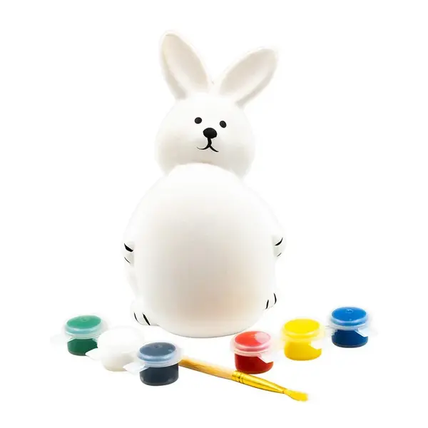 Set creativ pentru pictat pusculita iepuras cu ou,pensula si 6 culori incluse,ceramica,11x8x15 cm