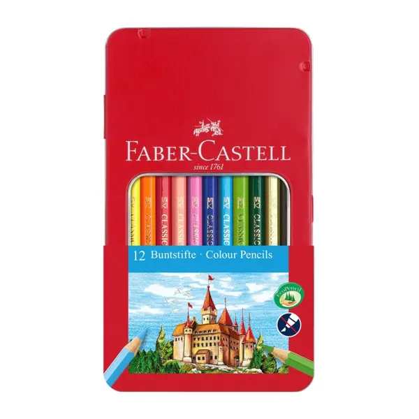 Set creioane colorate Faber-Castell - Castel, 12 bucati, in cutie metalica
