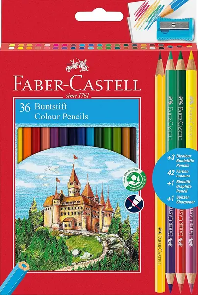 Set creioane colorate Faber-Castell Castle - 36 de culori, cu ascuțitoare