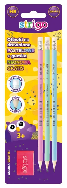 Set creioane Strigo HB Pastel X3 + guma Neon (blister)