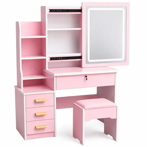 SET CRYSTAL - Masuta de machiaj cu oglinda iluminata LED - PINK