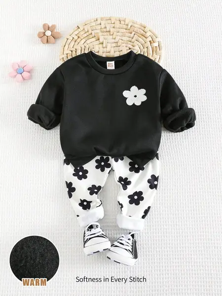 Set cu bluza și pantaloni lungi cu 2 bucăți pentru fetiță, cu model floral - 0-1luni