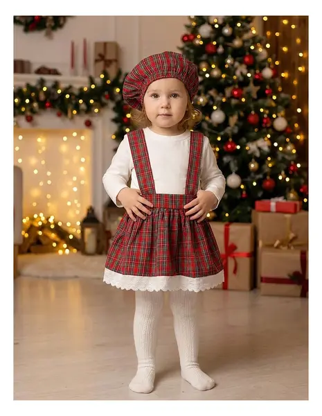 Set cu fustita, bluza, boneta, alb-rosu