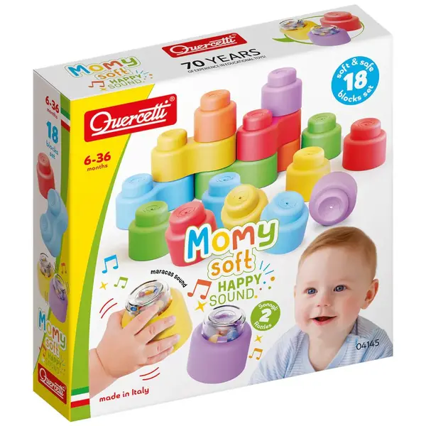 Set cuburi cu bile zornaitoare Quercetti Momy Soft Happy Sound 18 piese
