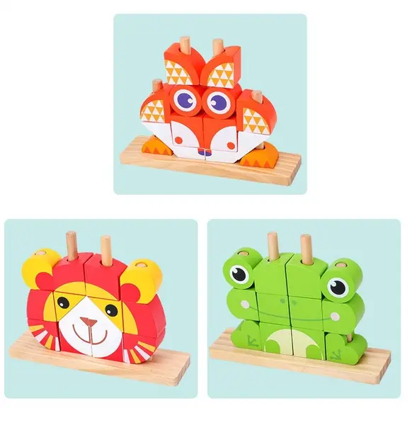 Set cuburi puzzle mari - Leu, Broasca, Vulpe 3 ani+ Leu