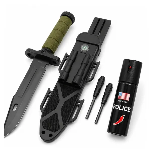 Set cutit cu amnar,ascutitor si spray autoaparare chili, DEPOX , 32 cm 60 ml, teaca multifunctionala, verde military