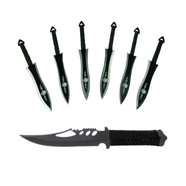 Set Cutit de vanatoare Extreme Battle si sase cutite de aruncat, Black Fury, otel inoxidabil, teaca inclusa