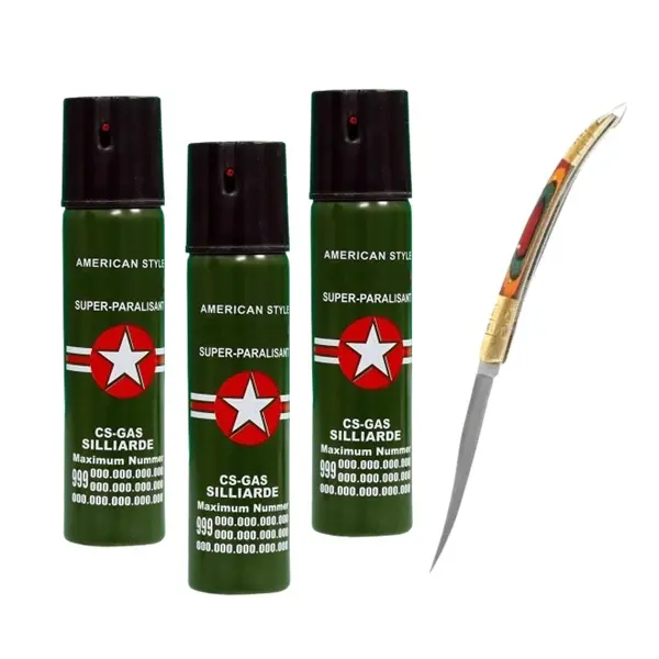 Set cutit model spaniol 15 cm si trei sprayuri piper, auto-aparare, 110 ml, verde