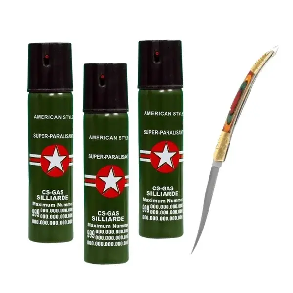 Set cutit model spaniol 18 cm si trei sprayuri piper, auto-aparare, 60 ml