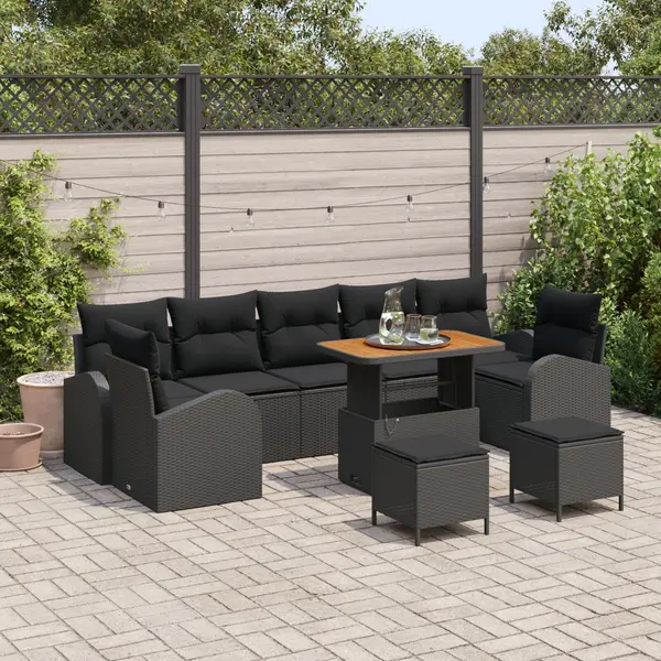 Set de 10 piese canapea de gradina cu perne negre, canapea de gradina pentru 2 persoane cu perne negre, set de 3 piese mese cu perne negre