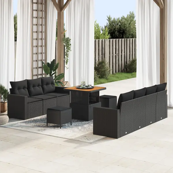 Set de 10 piese de canapea pentru gradina cu perne negru poliratan acacia, set de 3 piese pentru masa de gradina cu perne negru poliratan acacia