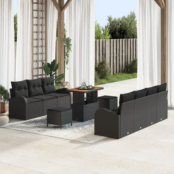 Set de 10 piese de canapele pentru gradina cu perne, poliratan negru, acacia, sofa de gradina cu 2 locuri si perne, poliratan negru, set de dining de gradina cu 3 piese si perne, poliratan negru, acacia