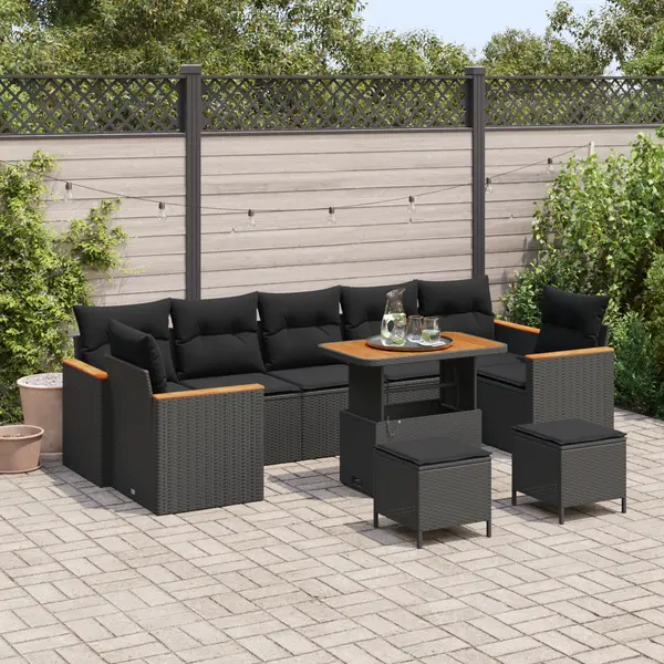 Set de 10 piese pentru gradina cu perne negru ratan pe acacia, set de 3 piese pentru gradina cu perne negru ratan pe acacia