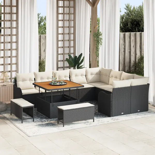 Set de 12 piese de sofa de gradina cu perne negru din poliratan acacia, set de 3 piese de dining de gradina cu perne negru din poliratan acacia, sofa de gradina pentru doua persoane cu perne negru din poliratan