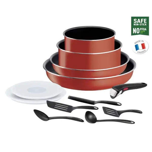 Set de 12 piese Tefal Ingenio Easy Cook Clean, invelis antiaderent Titanium, indicator temperatura Thermo-Signal, maner detasabil, rosu