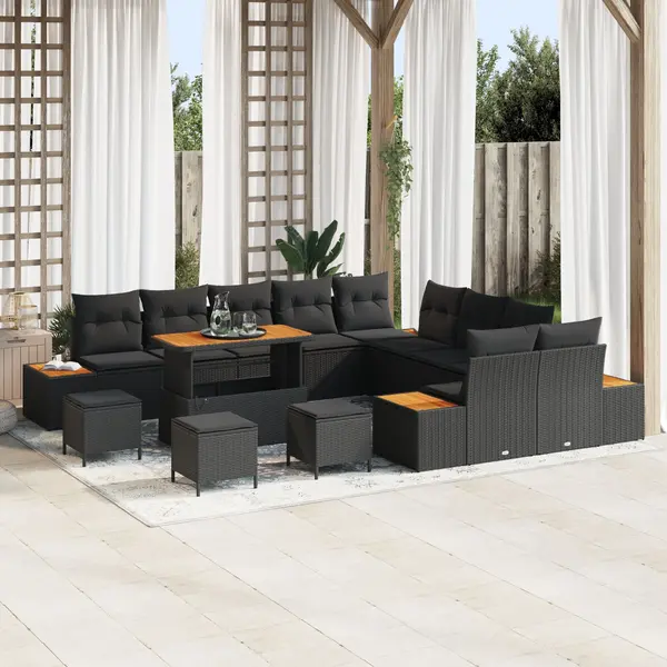 Set de 14 piese de sofa de gradina cu pernute poliratan negru acacia, set de dining de 4 piese de gradina cu pernute poliratan negru acacia