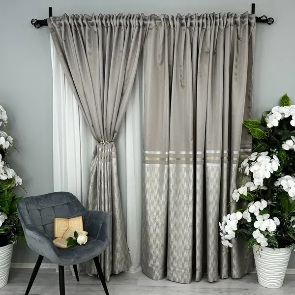 Set de 2 bucati Draperie Lines, tip panou 3 metri latime x 232cm inaltime x rejansa pt bara, Gri