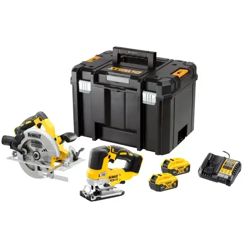 Set de 2 fierastraie profesionale pe acumulator DeWALT DCK2012P2T, 18V XR, include: fierastrau circular DeWalt DCS570N si fierastrau vertical DeWalt DCS334N, 2x acumulator 5 Ah Li-Ion DCB184, incarcator rapid, cutie transport TSTAK