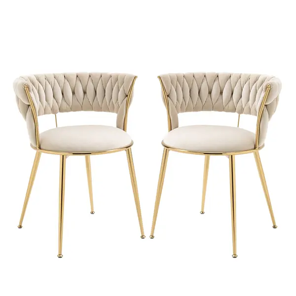 Set de 2 scaune de dining din catifea moale, stil modern cu spătar împletit și brațe, Alb