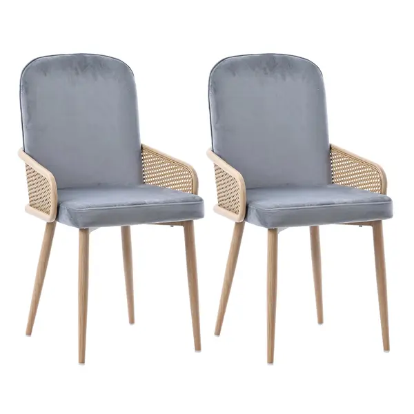 Set de 2 scaune moderne tapițate în ratan și material cu efect de catifea, Gri