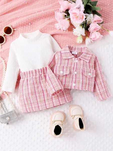 Set de 3 bucăți pentru fetiță: fustă și tricou din tricot roz - 3-6luni