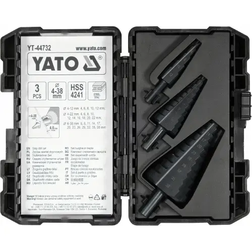 Set de 3 burghie conice Yato YT-44732, 4-38mm, HSS4241, pentru metal