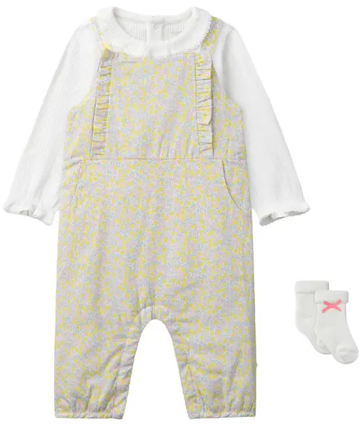 Set de 3 piese Sergent Major - cu imprimeu floral, salopetă, body și șosete, 9 luni