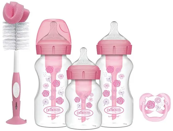 Set de 3 sticle Dr. Brown’s Options+ - Wide-Neck, cu o suzetă și o periuță, Pink