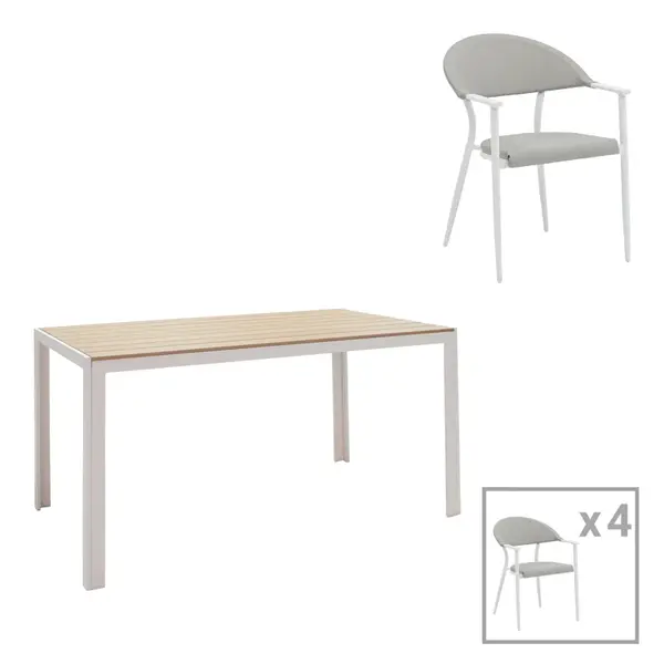 Set de 5 buc masa si scaune de gradina Nares-Pino A aluminiu alb si placaj, Natural, 140x80x72 cm