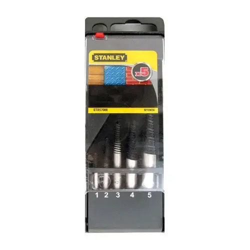 Set de 5 extractoare de suruburi, de Ø1-2-3-4-5mm STA57000-QZ Stanley 1mm: diametrul 2.5mm M3-6 1/8-1/4. 2mm: diametrul 3 M6-8 1/4-5/16. 3mm: diametrul 5 M8-12 6/16-7/16. 4mm: diametrul 5.5 M11-14 7/16-9/16. 5mm: diametrul 7.5 M14-18 9/16-3/4