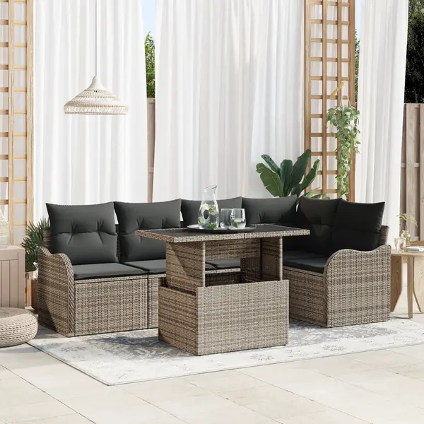 Set de 6 piese de sofa de gradina cu perne gri din ratan poli, sofa de gradina cu 2 locuri cu spatiu de depozitare si perne gri din ratan poli