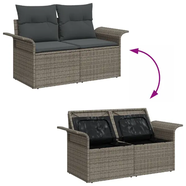 Set de 6 piese pentru gradina cu perne ratan gri, sofa pentru gradina cu 2 locuri cu spatiu de stocare & perne ratan gri