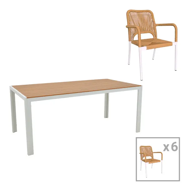 Set de 7 buc masa si scaune de gradina Nares-Norture B aluminiu alb si placaj, Natural, 180x90x72 cm