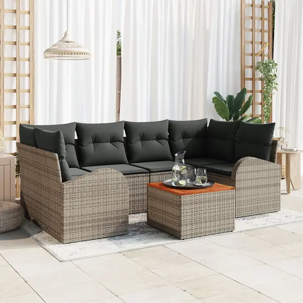 Set de 7 piese canapea gradina cu perne gri ratan poli acacia, canapea pentru gradina cu incarcare si perne gri ratan poli