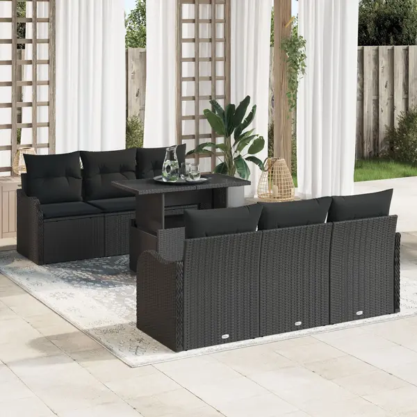 Set de 7 piese canapea pentru gradina cu perna negru rattan poli, canapea pentru gradina cu 2 locuri si perna negru rattan poli