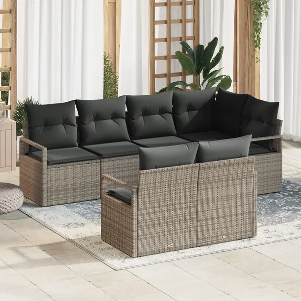 Set de 7 piese pentru gradina cu perne gri ratan poli, canapea de gradina pentru 2 persoane cu storage & perne gri ratan poli