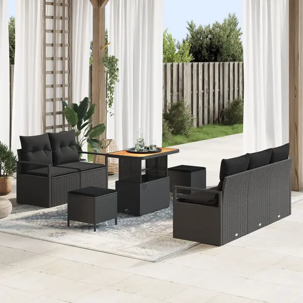 Set de 8 piese canapea de gradina cu perne negru poliratan acacia, canapea de gradina cu stocare si perne pentru 2 persoane negru poliratan, set de gradina 3 piese pentru masa cu perne negru poliratan acacia