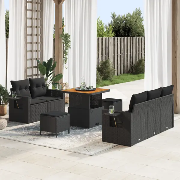Set de 8 piese canapea gradina cu perne neagra ratan polimer acacia, set de 3 piese canapea gradina cu perne neagra ratan polimer acacia