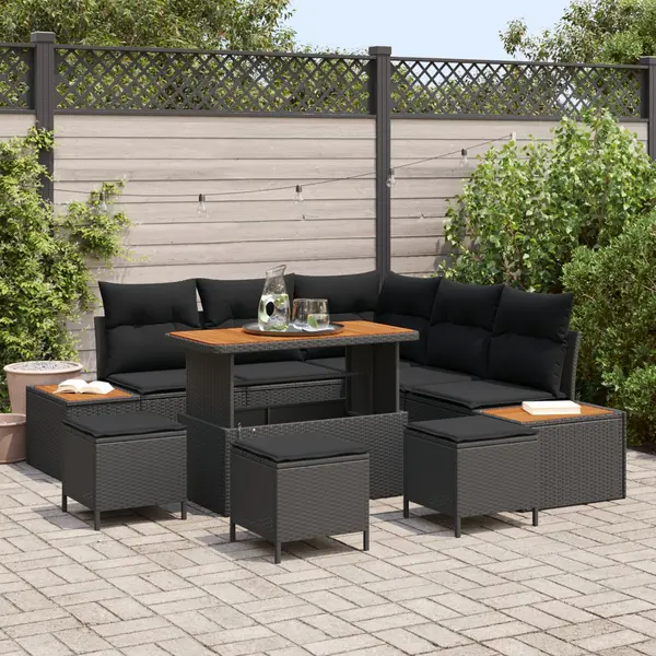 Set de 8 piese de canapea de gradina cu perne negru poliratan acacia, set de 3 piese de dining de gradina cu perne negru poliratan acacia