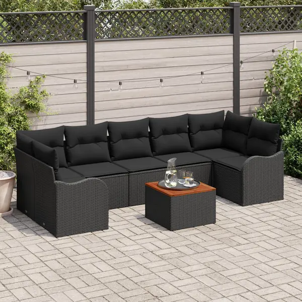Set de 8 piese de canapea pentru gradina cu perne negru ratan poli acacia, canapea pentru gradina cu 2 locuri cu perne negru ratan poli