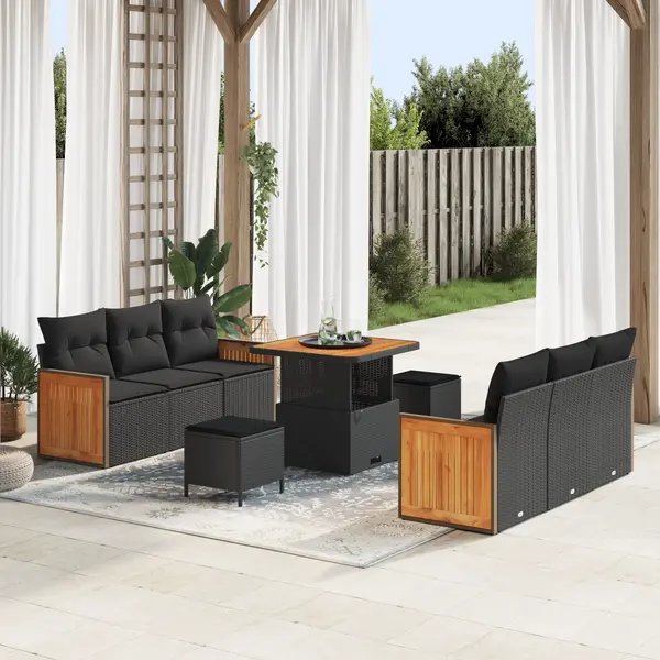 Set de 9 piese de sofa de gradina Gossi cu perne negre ratan polimeric acacia, sofa de gradina Gossi cu 2 locuri si perne negre ratan polimeric, set de dining de gradina de 3 piese cu perne negre ratan polimeric acacia