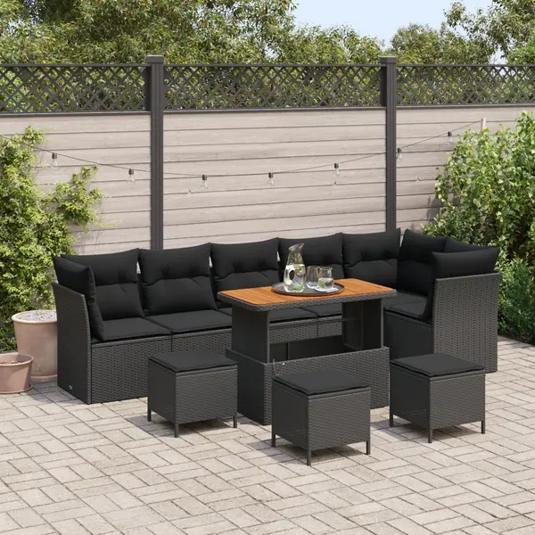 Set de 9 piese de sofa pentru gradina cu pernute negru ratan poli acacia, set de 3 piese pentru masa in gradina cu pernute negru ratan poli acacia